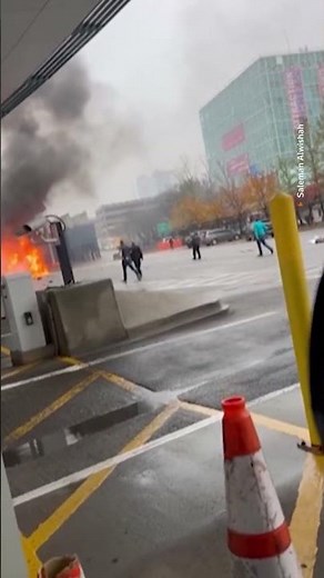 Security footage shows a car airborne before it exploded at the US-Canada border