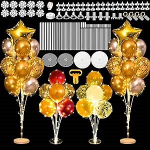 2 Set Balloon Column Kits & 2 Set Balloon Table Stand Kits, Balloon Flower Clips, Balloon Decorating Strips, Glue Points, Knotter, Lights String, for Birthday Baby Shower Wedding Holiday Party
