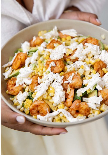 Summer Burrata Salad with Shrimp, Corn & Avocado