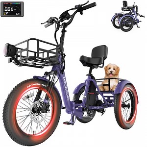 MOONCOOL 750W Foldable Electric Mountain Tricycle for Adult, 6 Speed 20x3.0 In Fat Tire 3Wheel Electric Bike, 48V Removable Battery, Motorized Trike w/Front & Rear Basket