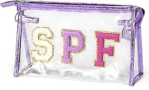Preppy Patch SPF Clear Cosmetic Bag SPF Varsity Letter Toiletry Bag Waterproof PVC Cosmetic Case Multi-Function Zippered Pouch Makeup Bag for Beach Pool, Pencil Case Pen Pouch(Purple)