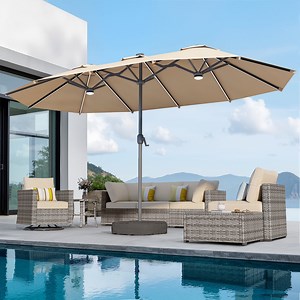Toject 15ft Large Patio Umbrellas, Double-Sided Outdoor Market Rectangle Umbrellas, Extra Pool Umbrellas for Deck, Backyard, Outside (Tan, Base Included)