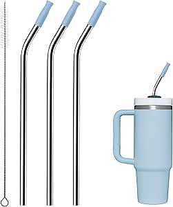 Bent Metal Straws for for Stanley 30oz, 3 Pcs Reusable Stainless Steel Straw with Silicone Tips, Drinking Straw for 30oz Tumbler, Fit for Coffee, BPA Free (Chambray)