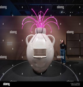 V&A South Kensington, London, UK. 27th Nov, 2024. The Jameel Prize: Moving Images, the 7th edition of the international award for contemporary art and design inspired by Islamic culture, society and ideas with works spanning film, video, photography, animation, installation, sound, sculpture, and virtual reality. Image: Museum staff view work by Alia Farid, Kuwaiti-Puerto Rican artist. Zamzamiya is a sculpture inspired by public ma'a sabeel water fountains, traditionally commissioned by individu