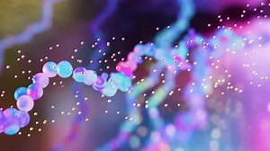 a detailed molecular structure of RNA molecules being targeted by splice-modifying drugs, with colorful strands representing different RNA sequences being altered 3d rendering