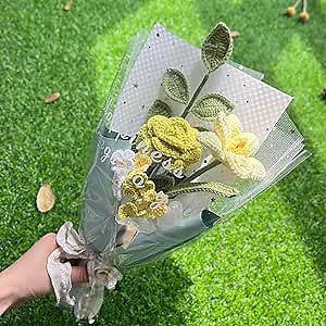 JOMODECOR Handmade Crochet Forget-Me-Not Tulip Rose Bouquet, Knitted Artificial Forever Flowers with Exquisite Wrap, Gift to Girlfriend Mom Women, Perfect for Valentines, Home Decor, Celebration