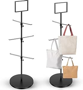 Tandefio Tote Bag Rack with Signboard Heavy Duty Shopping Bag Metal Rack 57 3/4" H 3 Tier Adjustable Hooks Bag Stand Handbag Grocery Display Rack for Retail Store Trade Show Boutique Small Business