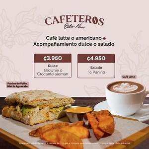 😎 Promos cafeteras perfectas para disfrutar en tu semana. ☕ Café latte o americano acompañamiento dulce o salado 👉 Dulce: Brownie o Crocante alemán (₡3950) 👉 Salad0: ½ Panino Paponas (₡4950). 🏠 Barrio Escalante, Heredia, Alajuela o Liberia. | Entre Nous