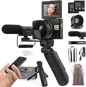Digital Camera with Creator Accessory Kit 48MP 4K Video Camera for Vloggers Remote Control Autofocus Flip Screen Camcorder Photography Cameras with Tripod Grip, Wide-angle & Macro lens, Mic, Batteries