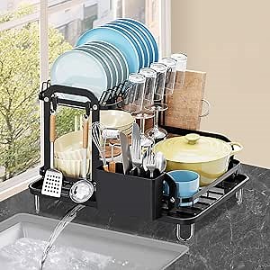 Dish Drying Rack, 2 Tier Kitchen Sink Organizer, Dish Drainers for Kitchen Counter, Over The Sink Dish Drainer Drying Rack, Dish Rack with Drainboard & Utensil Holders