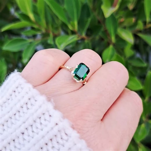 Dark Green Emerald 14k Solid Gold Ring, Emerald Cut Lab-grown Gemstone - Etsy
