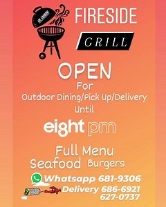 FIRESIDE GRILL GUYANA 🇬🇾 Fireside is OPEN till 8PM Outdoor Dining, Delivery, Pick up Full Menu, Seafood and Burgers WhatsApp 681-9306📲 Delivery 686-6921🛵 #latenight #firesidegrill #guyana | FireSide Grill