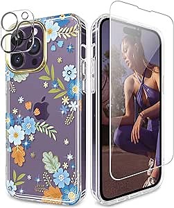 JIAXIUFEN Designed for iPhone 14 Pro Max Case with Screen Protector + Camera Lens Protector Glitter Plated Flower Shockproof Clear Floral Protective Women Girl Phone Cover, Blue Green