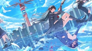 sitting, women outdoors, video game girls, bare midriff, bent legs, two women, long hair, red eyes, oiro ik, Chisa (Wuthering Waves), Female Rover (Wuthering Waves), Wuthering Waves, tattoo, clouds, thigh garter, school uniform, building, sky, birds, feathers, clothing cutout, reflection, hair ornament, cityscape, knee-highs, black hair, hair ribbon, Pixiv, black skirts | 1880x1158 Wallpaper - wallhaven.cc