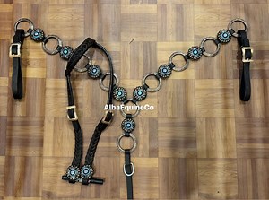 Western Brown Leather Ring Tack Set of Headstall and Breast Collar With Turquoise Stone Conchos - Etsy