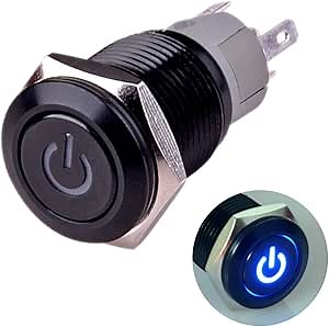 Latching Push Button Switch U16F5 1NO1NC SPDT ON/Off Black Shell with Blue Power Symbol LED Suitable for 16mm 5/8" Mounting Hole (Blue)
