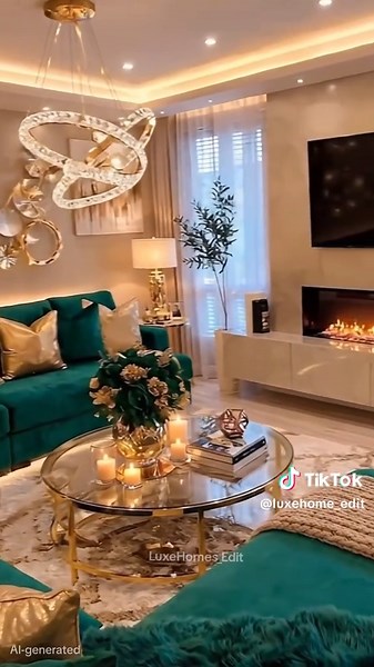 Emerald Green & Gold Luxury Living Room Design Inspiration