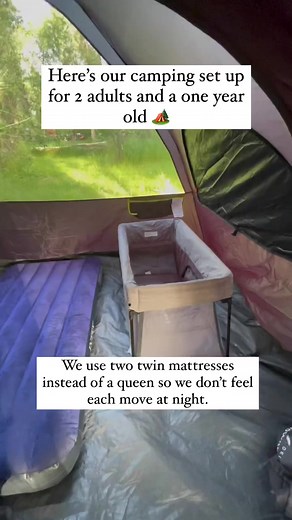 Camping setup with a toddler 🏕️ This was the set up for two adults and a toddler last summer! This summer is going to look a bit different as we add a baby to the mix and Briggs has outgrown his travel crib. My current plan is to still use two twin size mattresses for Steve and I , Briggs will be in a toddler travel cot that’s a bit elevated from the ground (we got it last year but he was a bit too young for it at the time) and baby girl will be in a portable travel bassinet! (Psst- we’ve got l