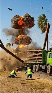 A yellow freight train slams into a massive green cargo truck carrying steel beams, tearing through