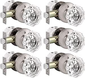 Knobonly Crystal Door Knobs Pack of 6, Interior Glass Door Knobs with Lock, Brushed Nickel Privacy Door Handles with Glass Knob, Crystal Bedroom Door Knobs
