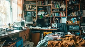 A messy room with a bed, desk, bookshelf, computer, and other clutter Premium Stock Video Footage