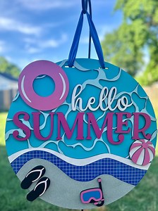 Hello Summer Pool Sign, Handmade Wooden Door Hanger, 18 Inch - Etsy