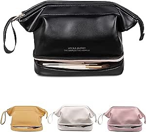 Travel Makeup Bag, Double Layer Cosmetic Bag, Large Zipper Pouch Makeup Organizer Bag, Waterproof Leather Makeup Bag, Portable Leather Toiletry Bag for Women and Girls (Black)