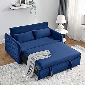 ERYE Modern Convertible Futon Sofa Bed, Functional Adjustable Upholstered Loveseat,Compact Foldable Love Seat,Comfy Sleeper Daybed Reversible Recliner Sofa & CouchBlue 2 Pillows Side Pockets Twin