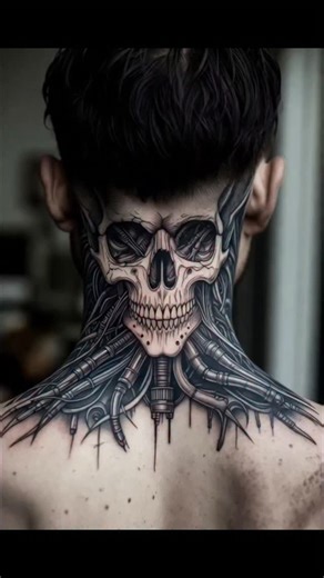 Needle street tattoo studio on Instagram: ""Exposed circuits bleed through bone — realistic biomechanical skull claiming the back of my dome 🖤🔩" #BiomechanicalTattoo #Biomech #RealisticTattoo #SkullTattoo #HeadTattoo"