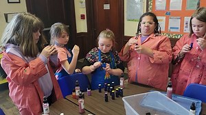 Girl Scouts earn their Home Scientist badge! This great group of girls had so much fun experimenting with different liquids, solids and colors and then creating their own sparkle body mist to take home! For more information on our badge program please visit: https://homepartysolutions.com/girl-scout-events/ or contact us at info@homepartysolutions.com 508-695-2285. | Bath Junkie North Attleboro MA