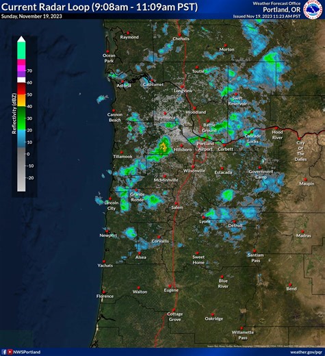 Current radar imagery as of 11am PST shows scattered rain showers moving across northwest OR and southwest WA with some snow showers in the Cascades. 🌦️ Expect shower activity to gradually diminish through this afternoon. | US National Weather Service Portland Oregon