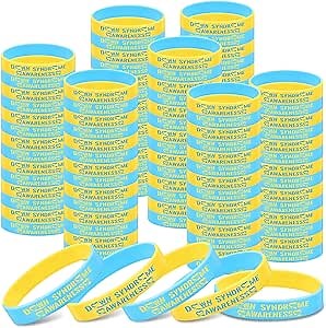 200 Pcs Down Syndrome Awareness Silicone Bracelet Wristband Stretch Blue Yellow Down Syndrome Bracelet for Men Women Teen Unisex School Charity Campaigns Events Gifts Supplies