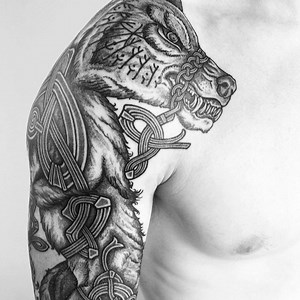 Fenrir, bound but still fighting. The awesome Wolf is designed by @cattattooing #dotwork #dotworktattoo #fenrir #pagan #vikings #viking #pagantattoo #vikingink #tattoo #ragnarok | Northern Black