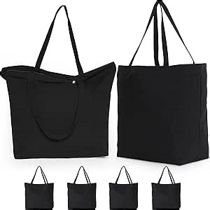 Koolmox 6Pack 22x16x7.8'' 12Oz Heavy Duty Canvas Tote Bag with Zipper, Reinforced Handles Wide Bottom, Large Canvas Bag, Extra Big Grocery Shopping Beach Reusable Totes Bags Vacation Bags Plain Black