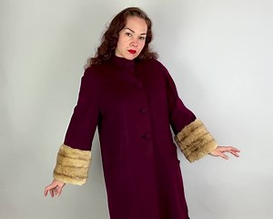 1940s Cabernet Caress Coat | Vintage 40s Dark Red Wool Overcoat With Large Blonde Fur Cuffs and Strong Padded Shoulders | Medium Large - Etsy UK