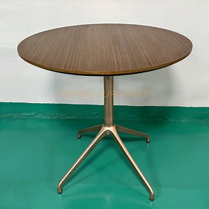 [Hot Item] Brown MDF Wood Grain Top Table with Rose Gold Aluminum Legs Dark Wood Coffee Table Metal X Base Dining Table