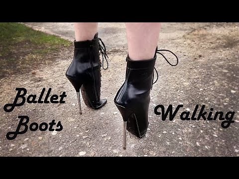 Vika trying to walk in 20cm Ballet High Heels Boots on the street, Ballet Boots Outdoors (# 1029)