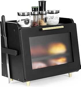Black Bread Box for Kitchen Countertop,Wood Corner Bread Box for Kitchen Counter，Large Bread Box for Homemade Bread，Double Layer Adjustable，Frosted Windows and Air Vents