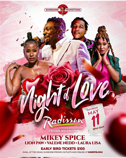 Calling all moms and music lovers, get your tickets NOW! Don’t miss Mikey Spice's special performance at Night of Love! Join us for a night where heartwarming melodies and unforgettable moments come alive. 🎶💕 Make this evening extra special and treat yourself and your loved ones to an experience filled with love and music. Get your tickets now and let Mikey Spice serenade you into a magical night! #MikeySpiceLive #NightOfLove #MothersDayMagic #MusicLovers #GetYourTickets | Partygrenada.com