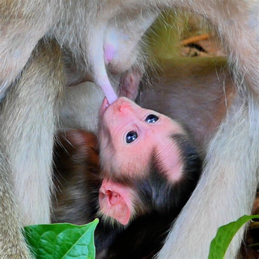 New born baby not wait fast get milk and pull long long milk from mom | Beloved Monkeys Of Cambodia