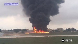 Video shows plane burning after crashing just off the runway in Malta, killing all 5 onboard. The plane was heading toward Libya's coast to monitor migrant trafficking routes for the French gov't. http://abcn.ws/2ezKDPS | ABC News