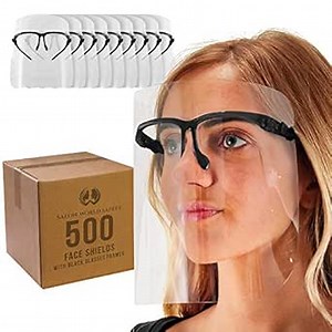 TCP Global Salon World Safety Face Shields with Black Glasses Frames (20 Packs of 25) - Ultra Clear Protective Full Face Shields to Protect Eyes, Nose, Mouth - Anti-Fog PET Plastic, Goggles