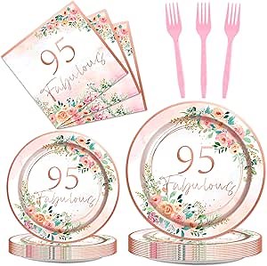 96Pcs Floral 95 Fabulous Party Supplies 95th Birthday Paper Plates Napkins Rose Gold Party Decorations 95 Years Dinnerware Party Favor Women 95th Tableware Serves 24