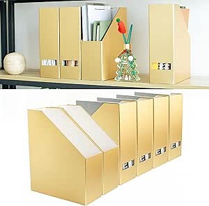 Gold Magazine Holder - File Holder and Desk Organizer, Cardboard Book Organizer and Storage Box for Documents, Magazine Holder Rack for Office, Home and Classroom (Luxury Matt Gold, 6-Pack)