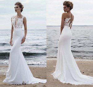 [Hot Item] Beach Bridal Gowns Illusion Nekcline Mermaid Chiffon Lace Wedding Dresses Z5037