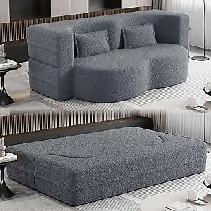 Convertible Folding Sofa Bed, Full Size Love Seat Sleeper Bed Floor Sofa Bed with 2 Pillows, Teddy Fabric Fold-Out Twin Sofa Cama & Bed Mattress for Living Room, Apartment, Guest Room, Grey