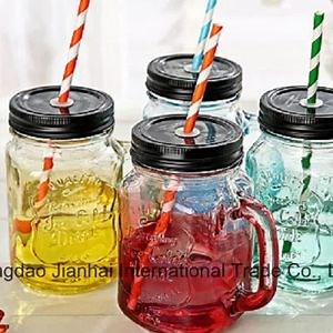 [Hot Item] Clear Embossed Glass Bottle with Handle and Straw
