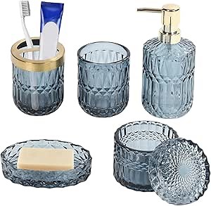 Qivine Bathroom Toothbrush Holder Set, 5Pcs Bathroom Soap Dispenser Set for Countertop, Glass Blue Bathroom Accessories with Tumbler, Bathroom Accessories Sets Complete with Soap Dish