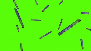 Test tubes background. Falling glass test tubes over green screen or chroma key. Rain of tes tubes across the screen.