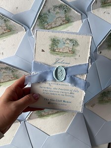 Dusty Blue Handmade Wedding Invitation Sets, Deckled Edge Paper Invitations, Cotton Paper Flowers, Plant, Wax Seals, Torn Ribbon - Etsy
